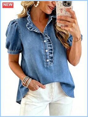 Women's Ruffle Denim Button Down Shirt Short Sleeve V-Neck Blouse